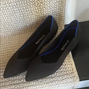 Rothy's Black Pointed Slip-On Flats with Blue Trim